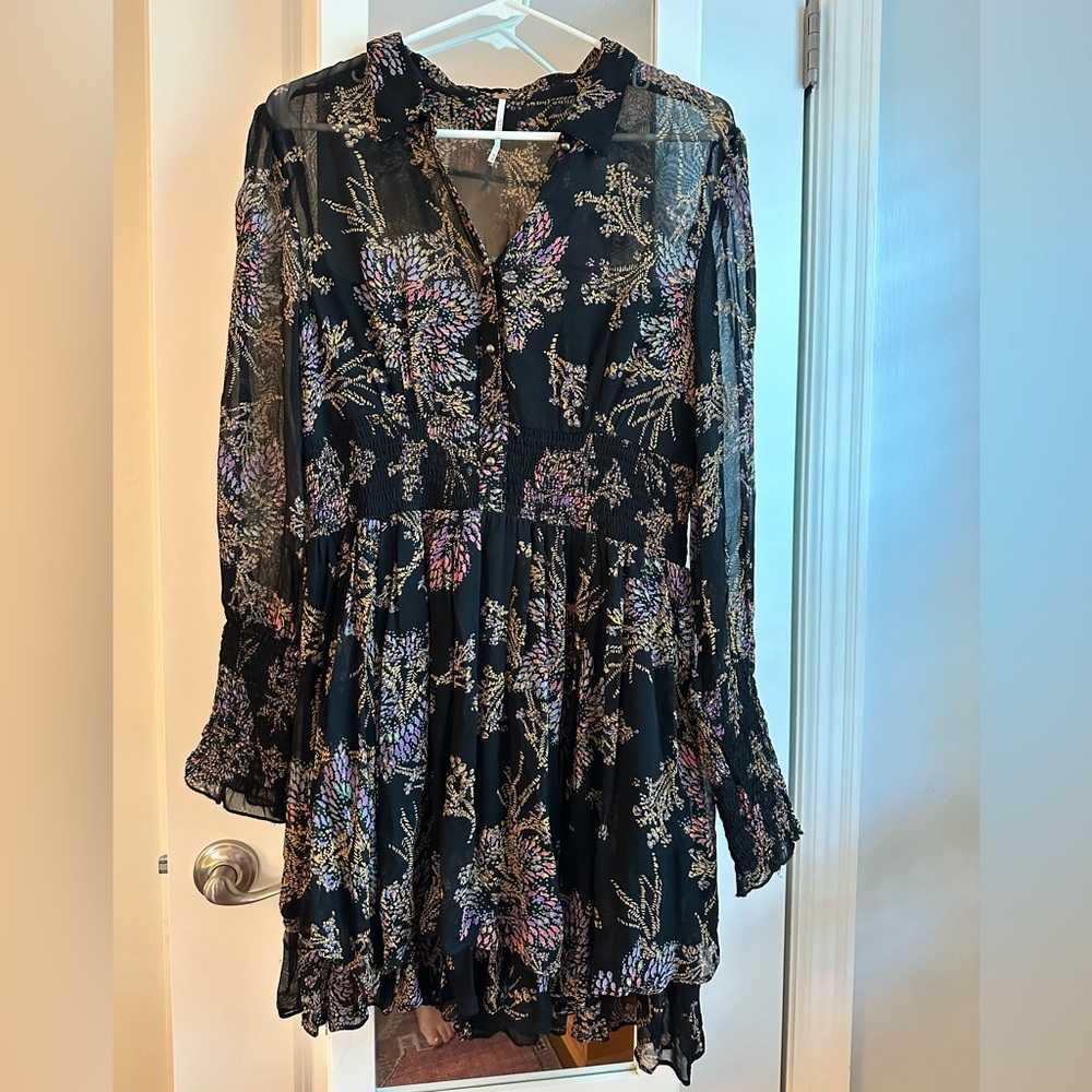 Free People sheer-sleeve ruffled skirt mini dress